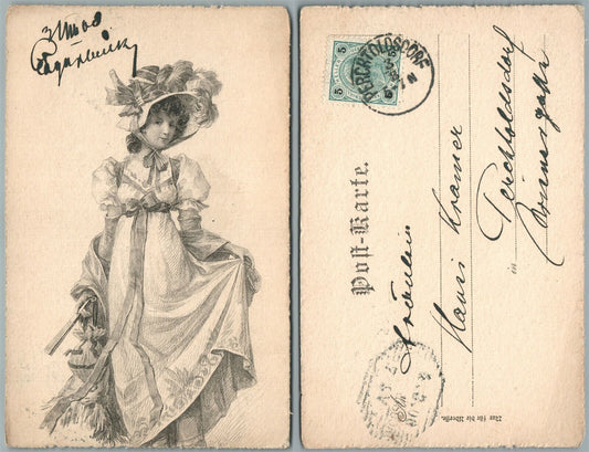 WELL DRESSED GIRL 1900 UNDIVIDED ANTIQUE POSTCARD w/ AUSTRIAN STAMP