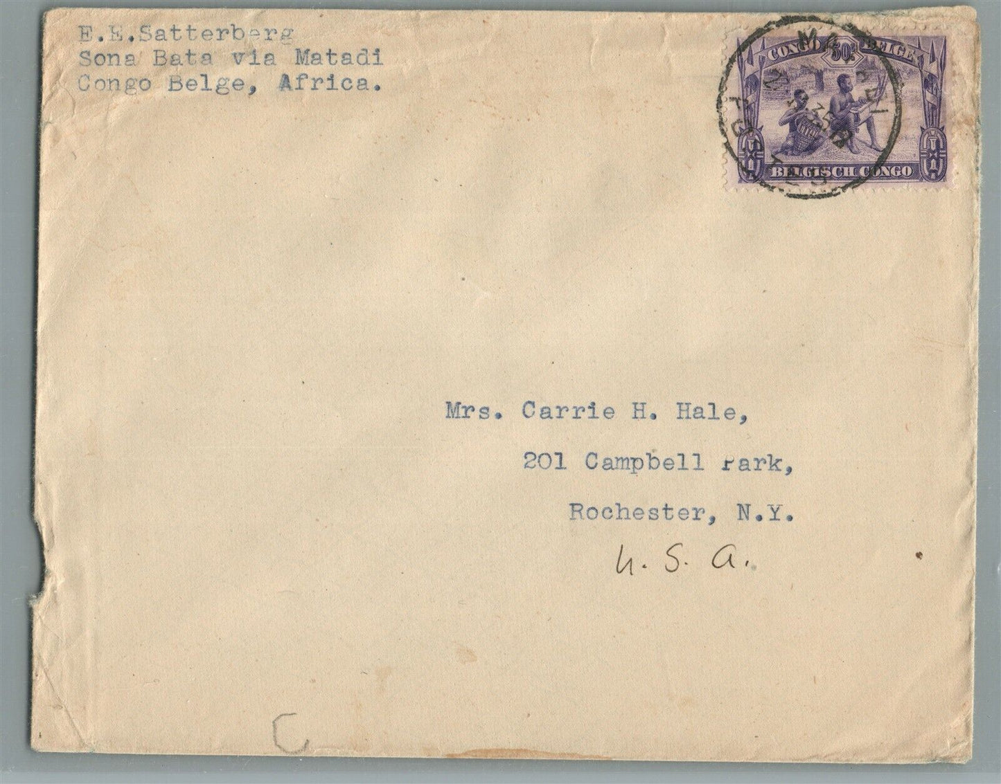 BELGIAN CONGO AFRICA to ROCHESTER NY USA VINTAGE 1935 COVER w/ STAMP