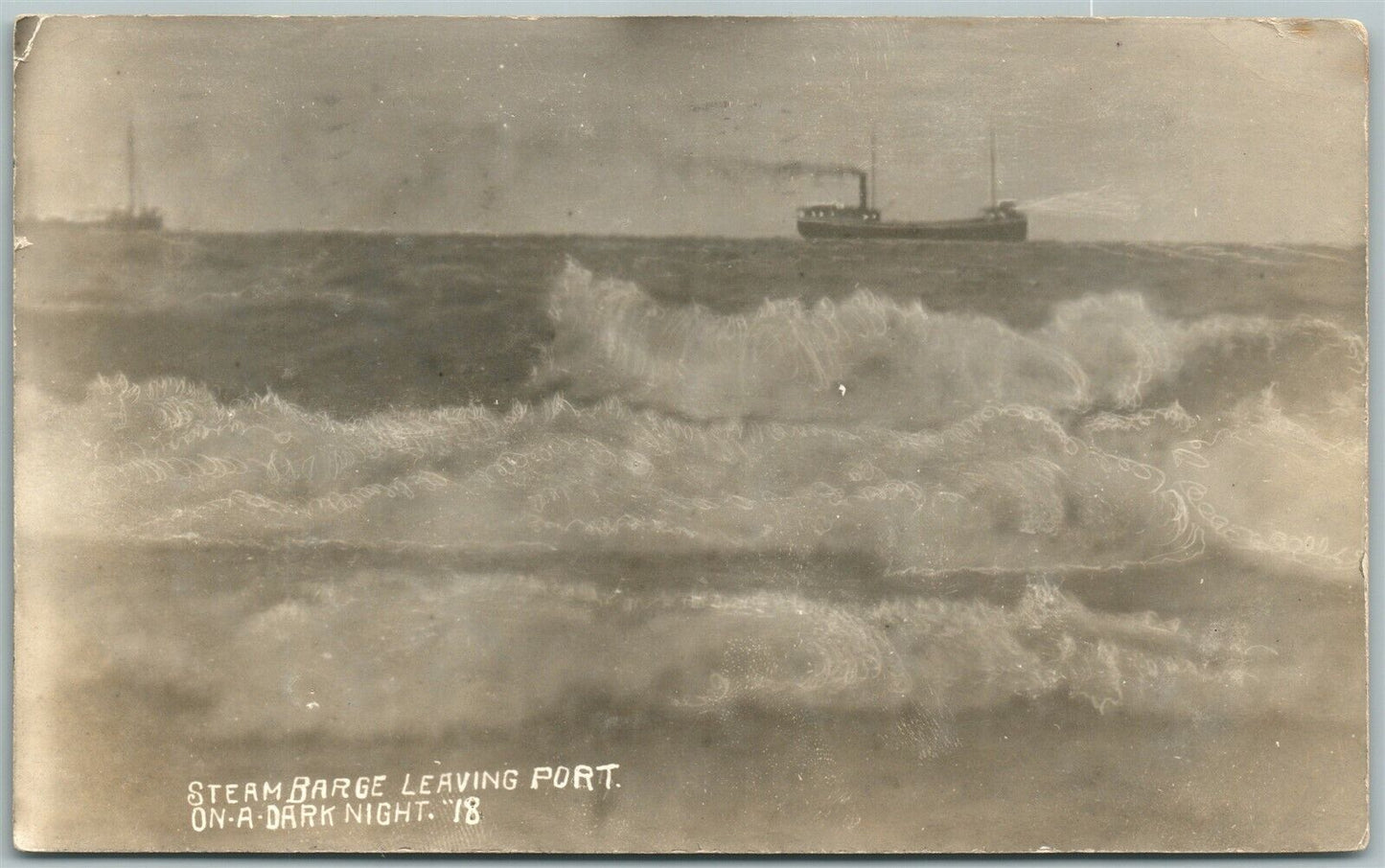 STEAM BARGE LEAVING PORT 1911 ANTIQUE REAL PHOTO POSTCARD RPPC