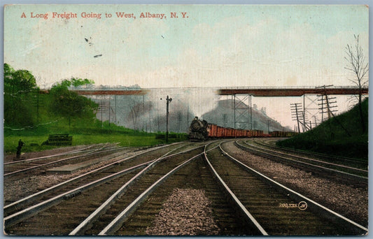 ALBANY NY LONG FREIGHT 1911 ANTIQUE POSTCARD railroad railway train