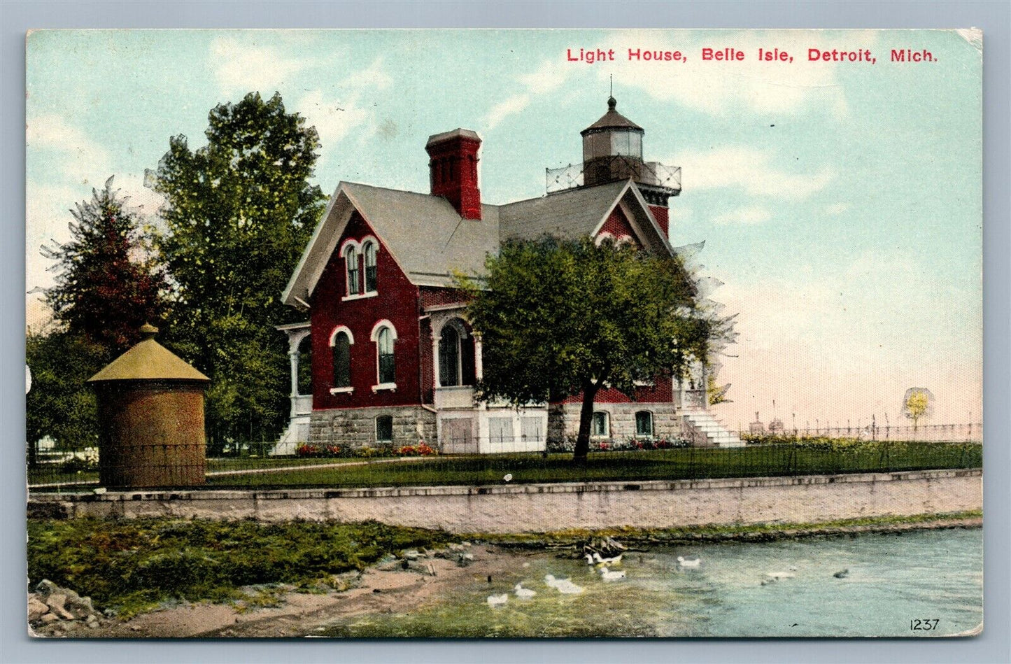 DETROIT MI BELLE ISLE LIGHT HOUSE ANTIQUE POSTCARD w/ CORK CANCEL