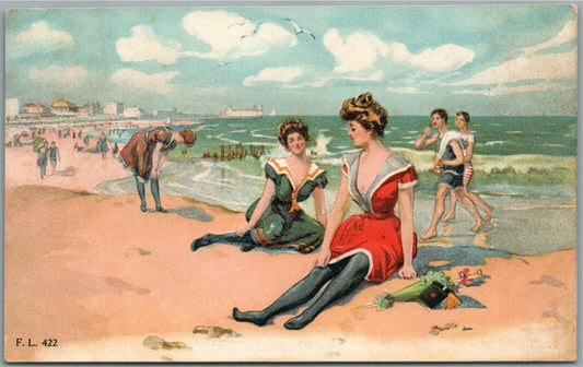 BEAUTIES AT THE BEACH ANTIQUE POSTCARD