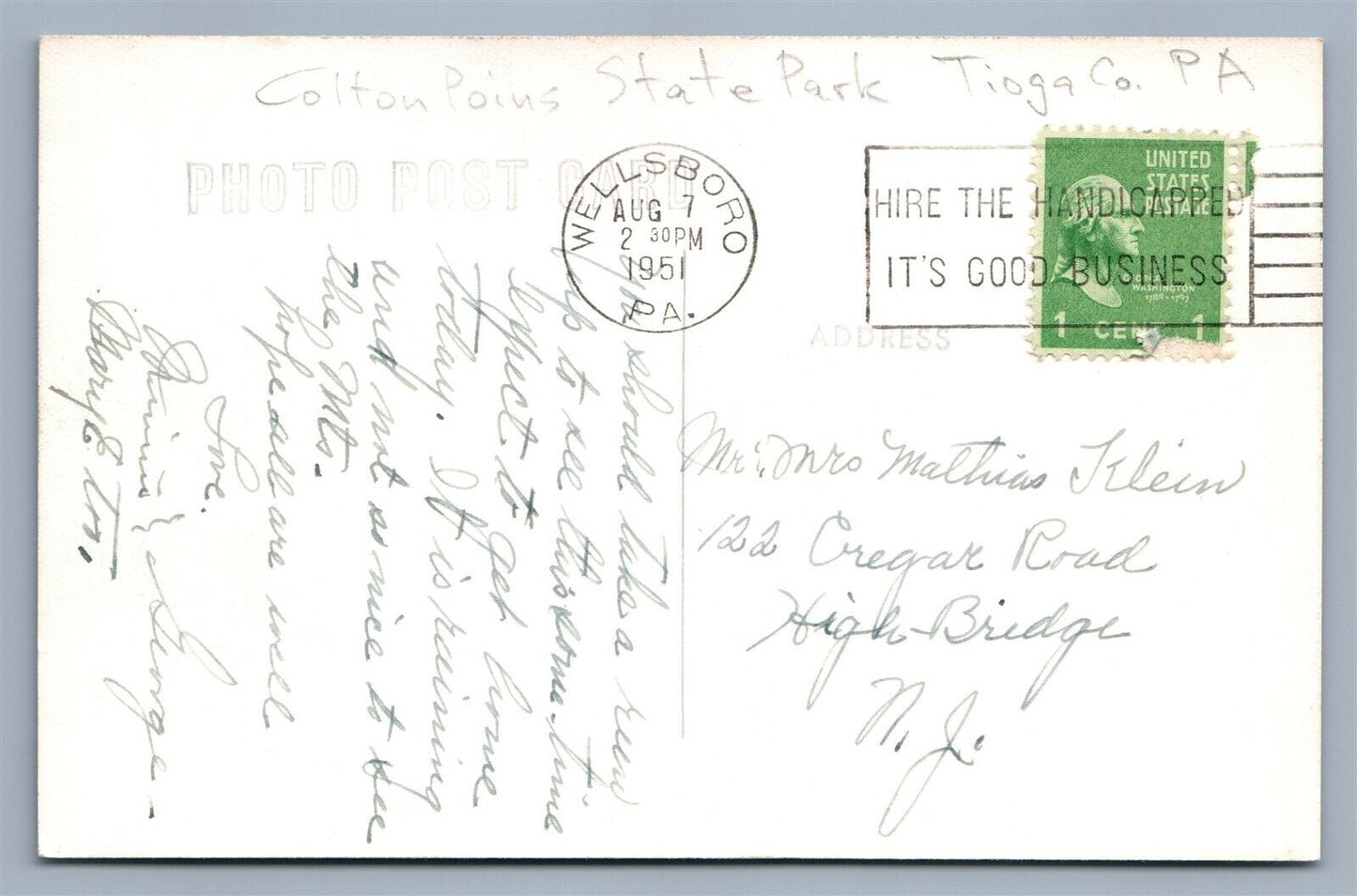 TIOGA CO. PA COLTON POINT STATE PARK VINTAGE REAL PHOTO POSTCARD RPPC