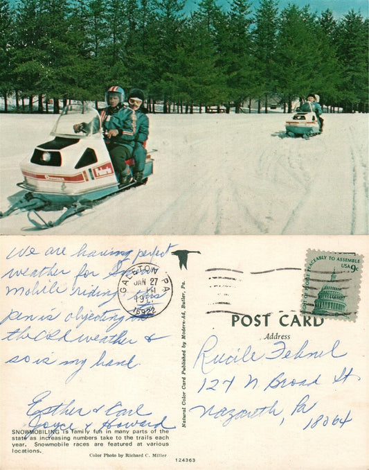 SNOWMOBILING 1977 GALETON PA CANCEL VINTAGE POSTCARD
