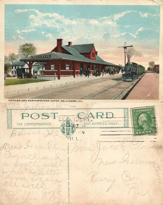 BELVIDERE IL RAILWAY STATION ANTIQUE POSTCARD RAILROAD DEPOT