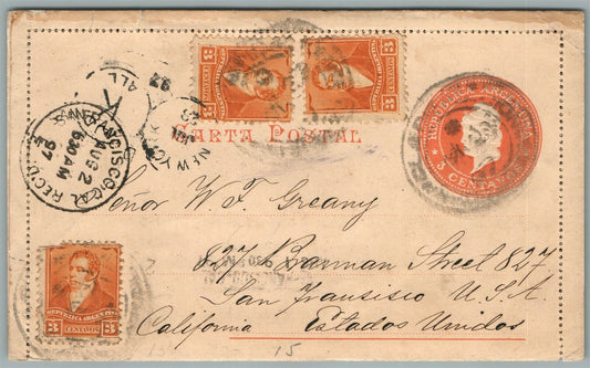 ARGENTINA to SAN FRANCISCO USA 1897 ANTIQUE COVER w/ STAMPS