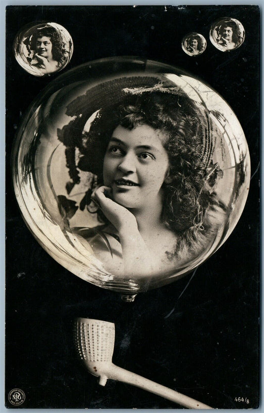 COCA COLA FACE HILDA CLARK PHOTOMONTAGE SOAP BUBBLE ANTIQUE REAL PHOTO RPPC