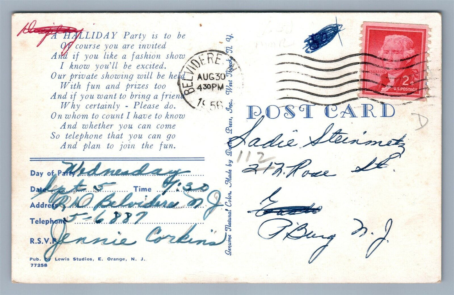 HALLIDAY PARTY FASHION SHOW VINTAGE ADVERTISING POSTCARD ORANGE NJ