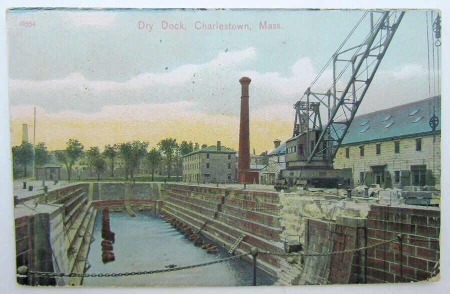 VINTAGE 1913 POSTCARD DRY DOCK CHARLESTOWN MASSACHUSETTS ship