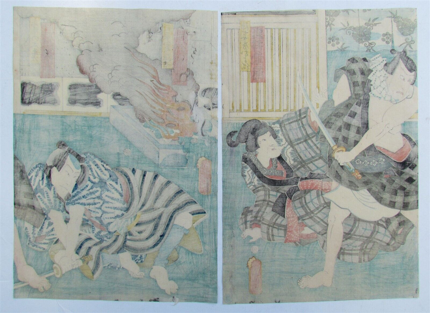 JAPANESE WOODBLOCK DIPTYCH PRINT ANTIQUE KABUKI ACTORS SWORD FIGHT EDO