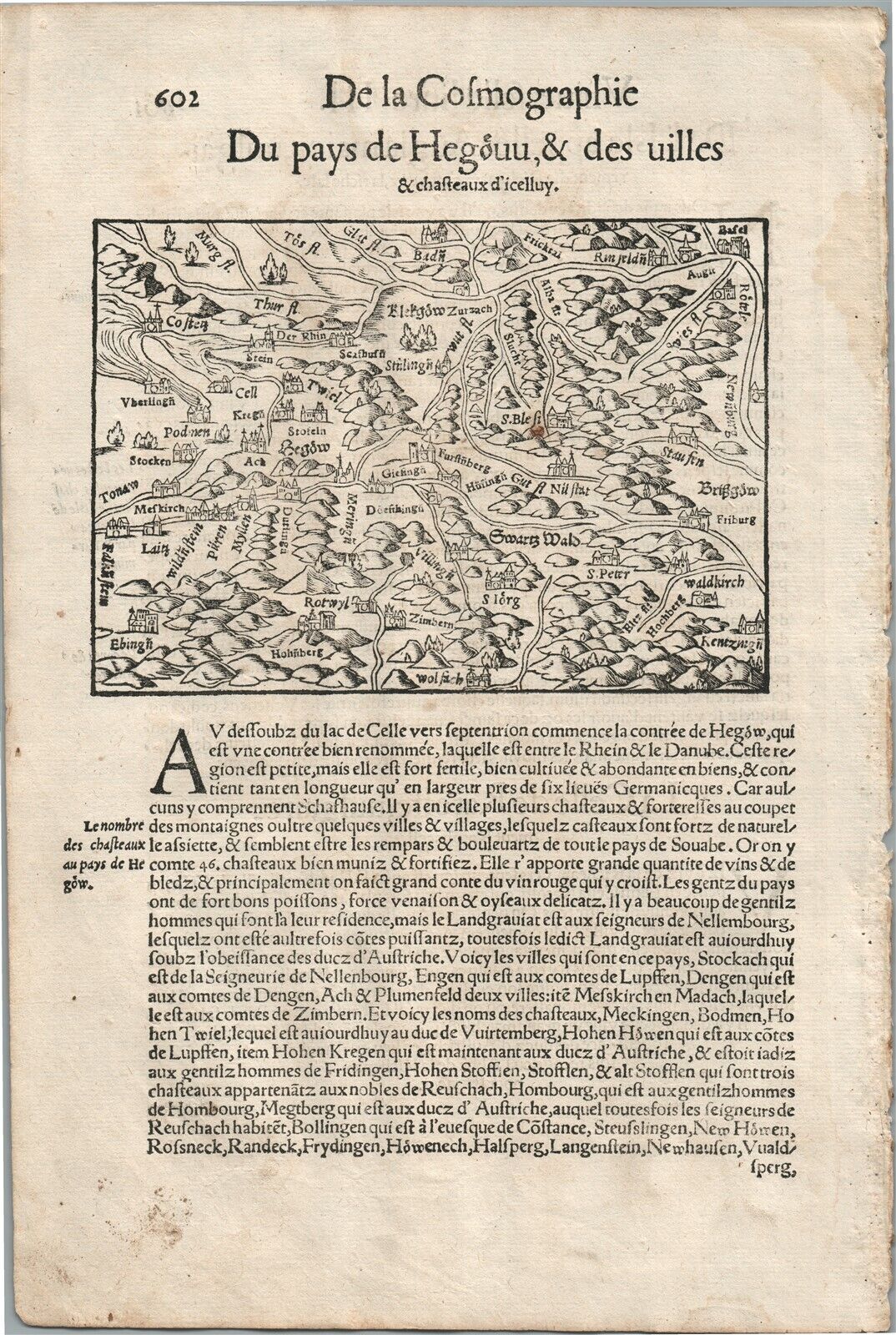 1575 SWITZERLAND MAP LEAF from BELLEFOREST EDITION of MUNSTER COSMOGRAPHY