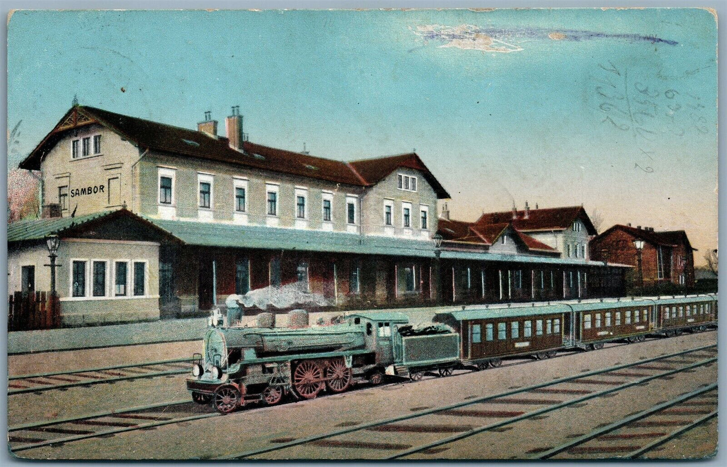 SAMBOR POLAND UKRAINE LVOV REGION RAILROAD STATION 1910 ANTIQUE POSTCARD