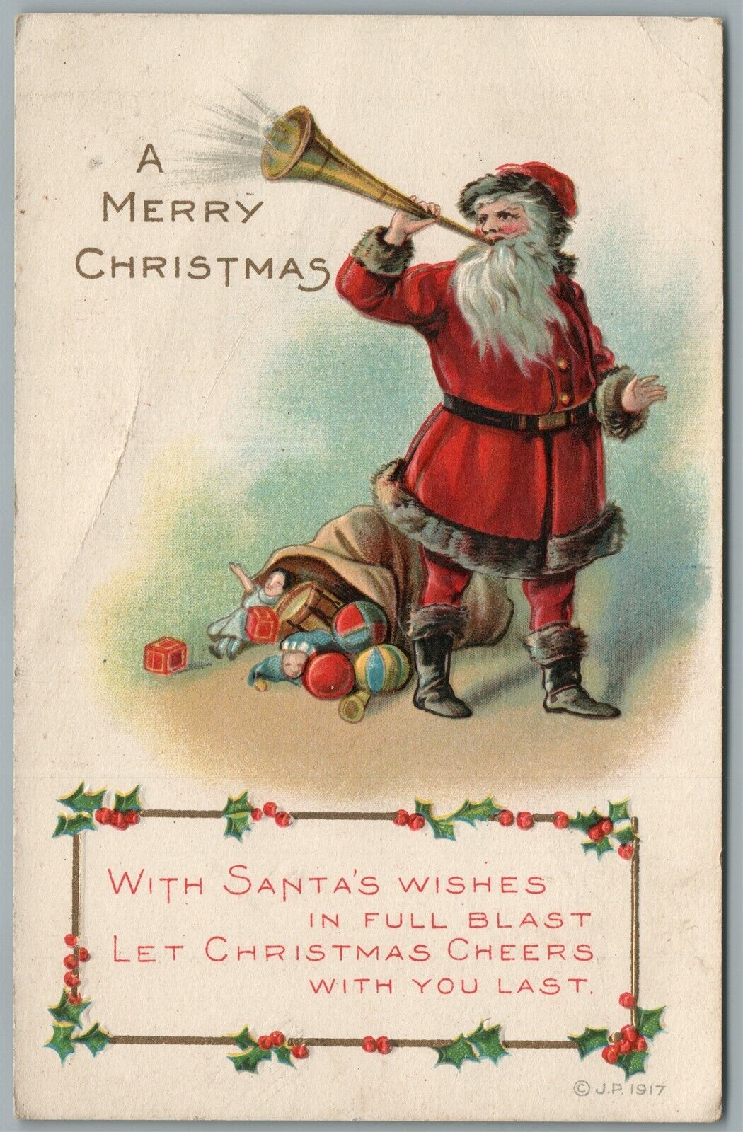 SANTA w/ TRUMPET CHRISTMAS ANTIQUE POSTCARD