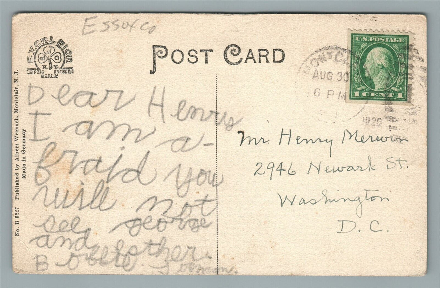 MONTCLAIR NJ FULLERTON AVENUE ANTIQUE POSTCARD