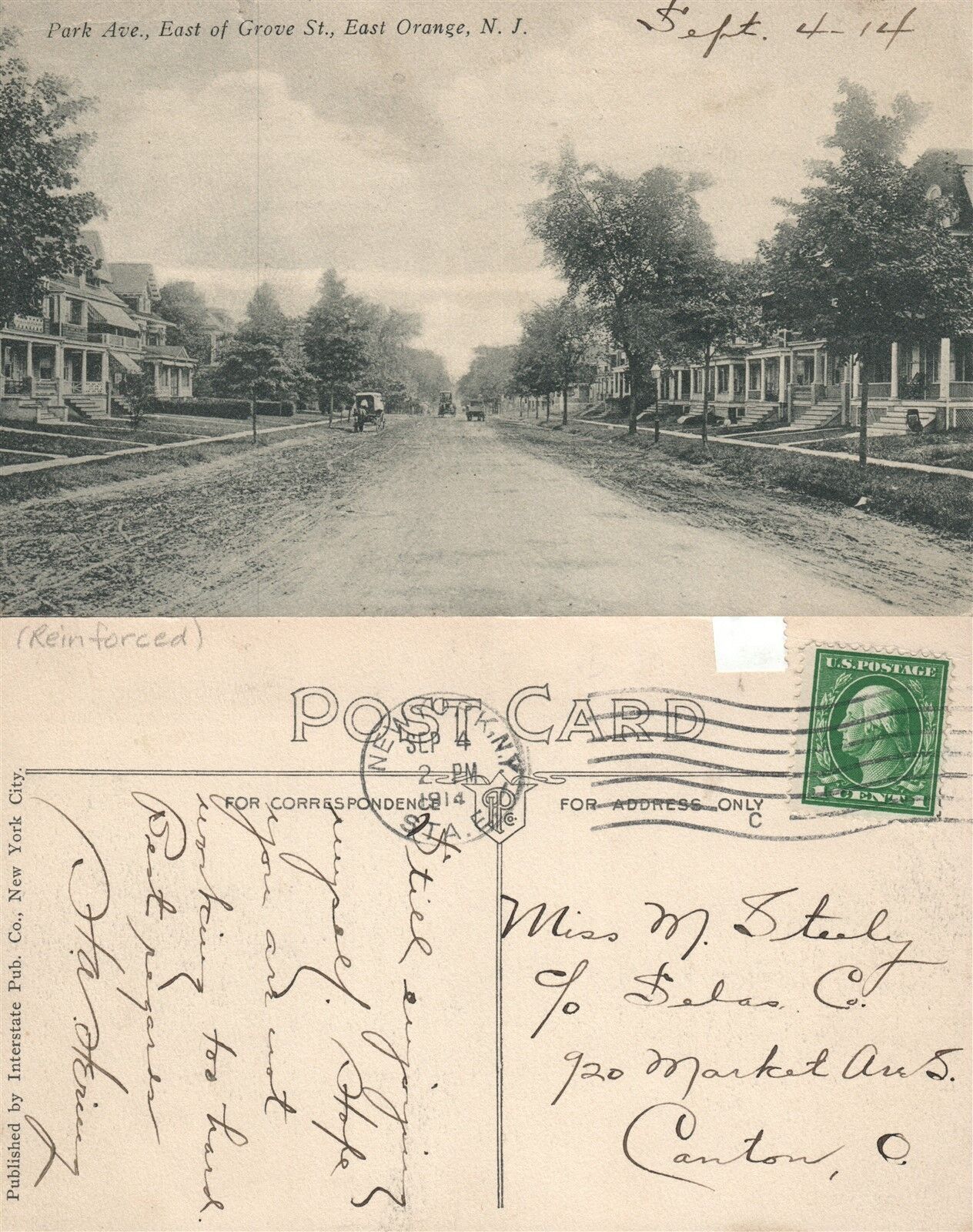 EAST ORANGE N.J. PARK AVENUE EAST OF GROVE STREET 1914 ANTIQUE POSTCARD