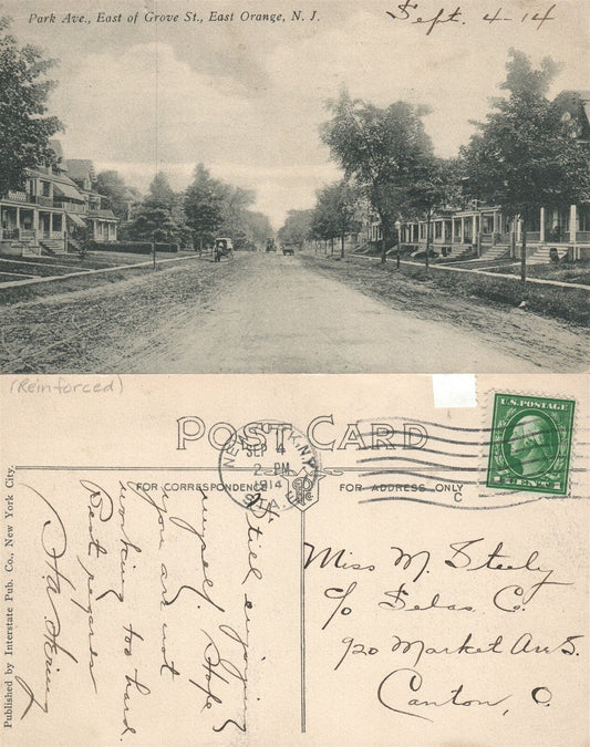 EAST ORANGE N.J. PARK AVENUE EAST OF GROVE STREET 1914 ANTIQUE POSTCARD