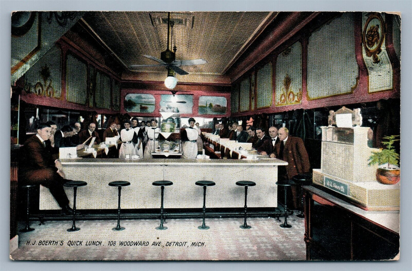 DETROIT MI H.J.BOYERTH'S QUICK LUNCH WOODWARD AVENUE 1908 ANTIQUE POSTCARD