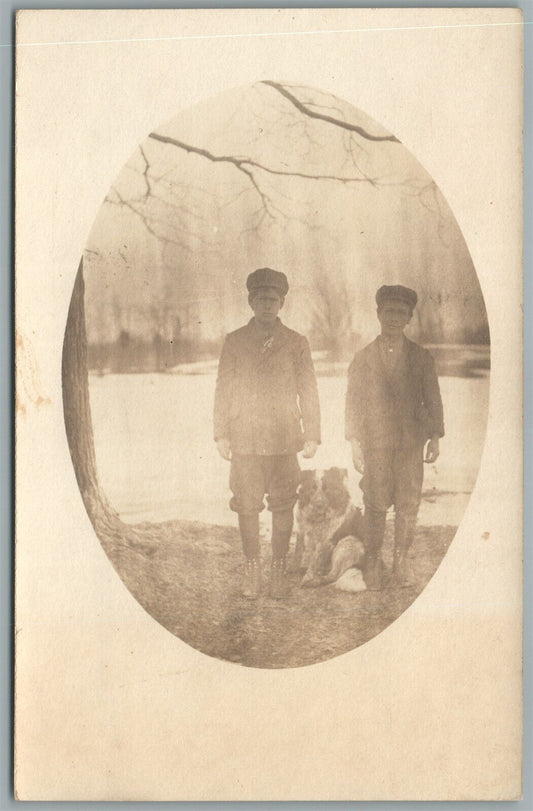 BOYS w/ DOG ANTIQUE REAL PHOTO POSTCARD RPPC