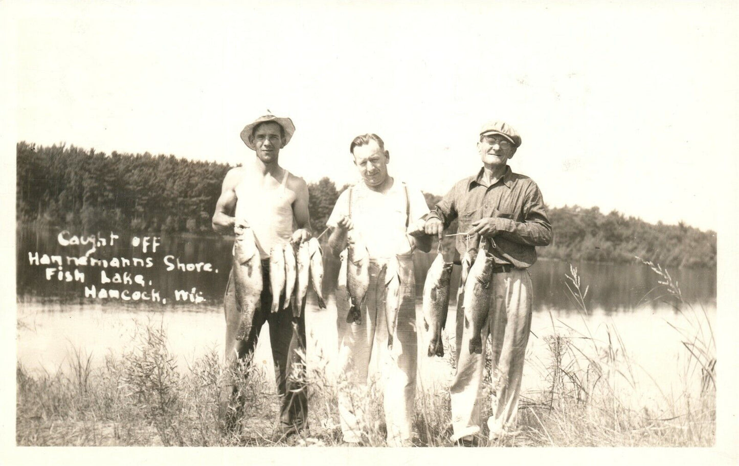 HANCOCK WI FISH LAKE FISHING CATCH 1948 VINTAGE REAL PHOTO POSTCARD RPPC