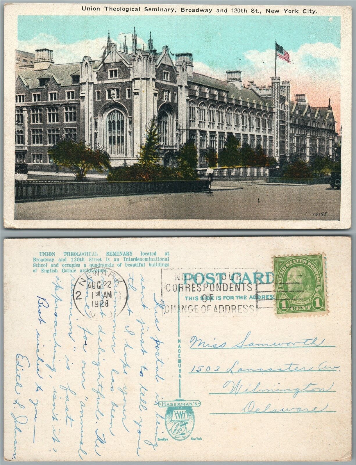 NYC N.Y. UNION THEOLOGICAL SEMINARY BROADWAY 120th STREET 1928 ANTIQUE POSTCARD
