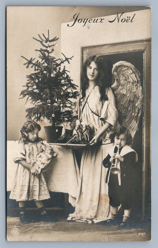 ANGEL w/ CHRISTMAS TREE KIDS w/ DOLLS TOY HORSE ANTIQUE REAL PHOTO POSTCARD RPPC