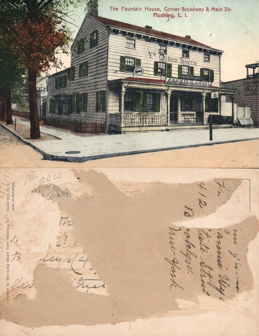 FLUSHING LONG ISLAND N.Y. FOUNTAIN HOUSE BROADWAY & MAIN STREET ANTIQUE POSTCARD
