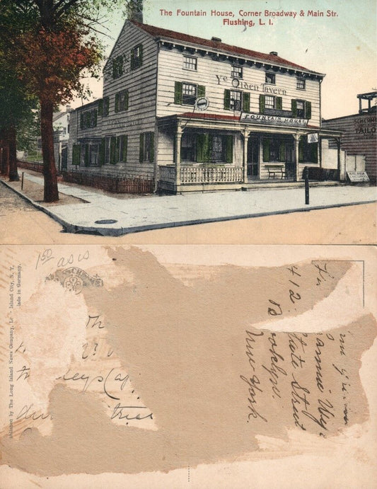 FLUSHING LONG ISLAND N.Y. FOUNTAIN HOUSE BROADWAY & MAIN STREET ANTIQUE POSTCARD