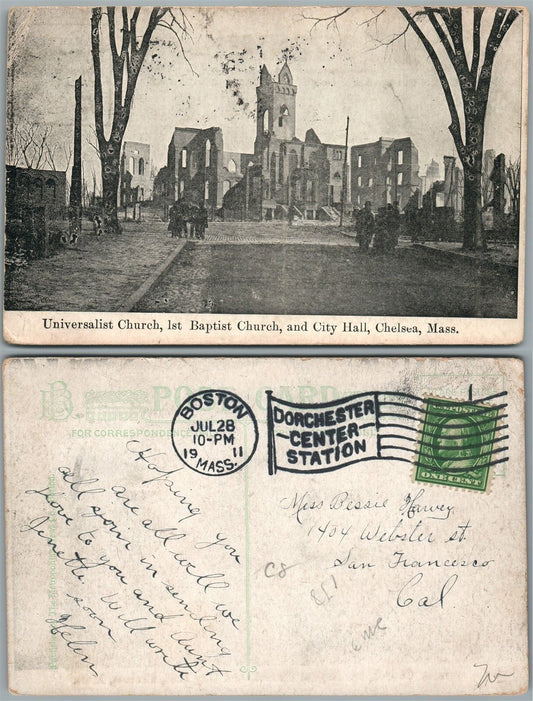 CHELSEY MA CITY HALL & CHURCHES ANTIQUE 1911 POSTCARD GREAT 1908 CHELSEY FIRE