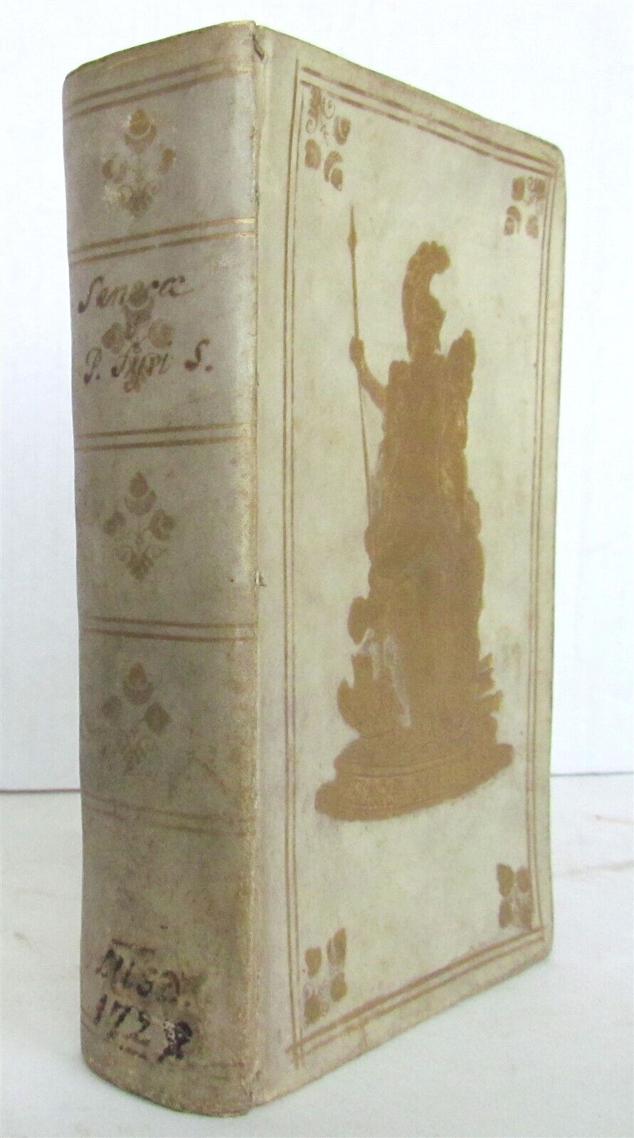 1727 SENECA in LATIN & GREEK antique GILT STAMPED PRIZED VELLUM BINDING