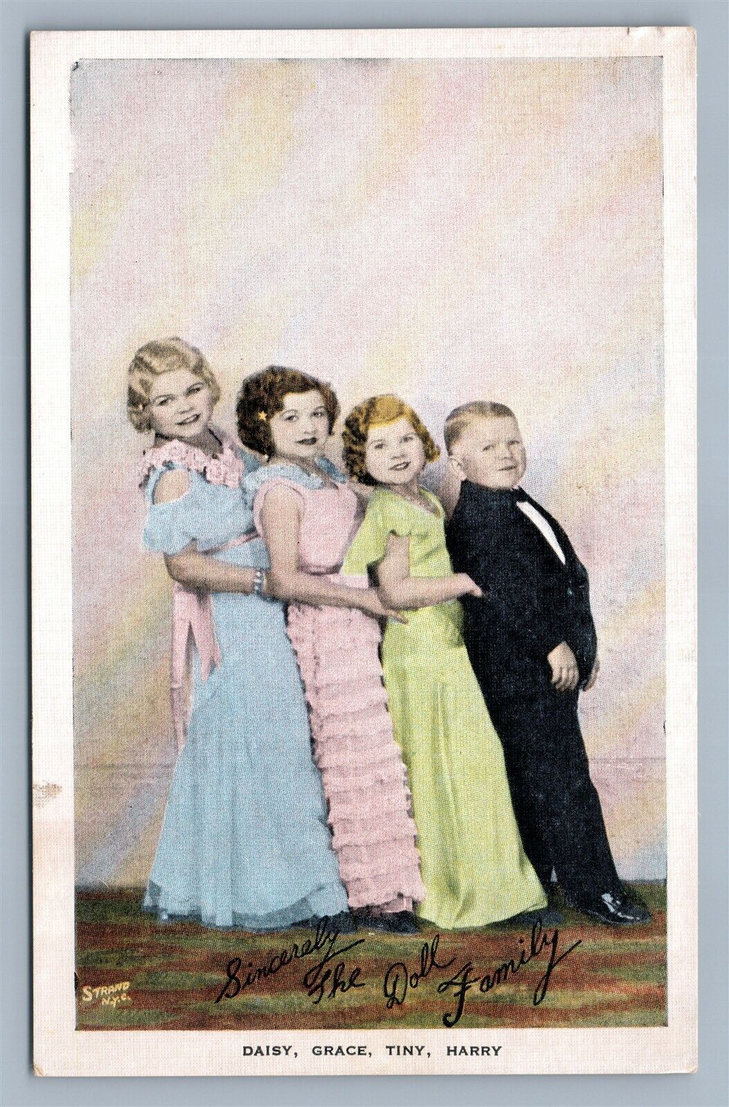 MUDGETS DOLL FAMILY QUARTET DAISY GRACE TINY HARRY ANTIQUE POSTCARD