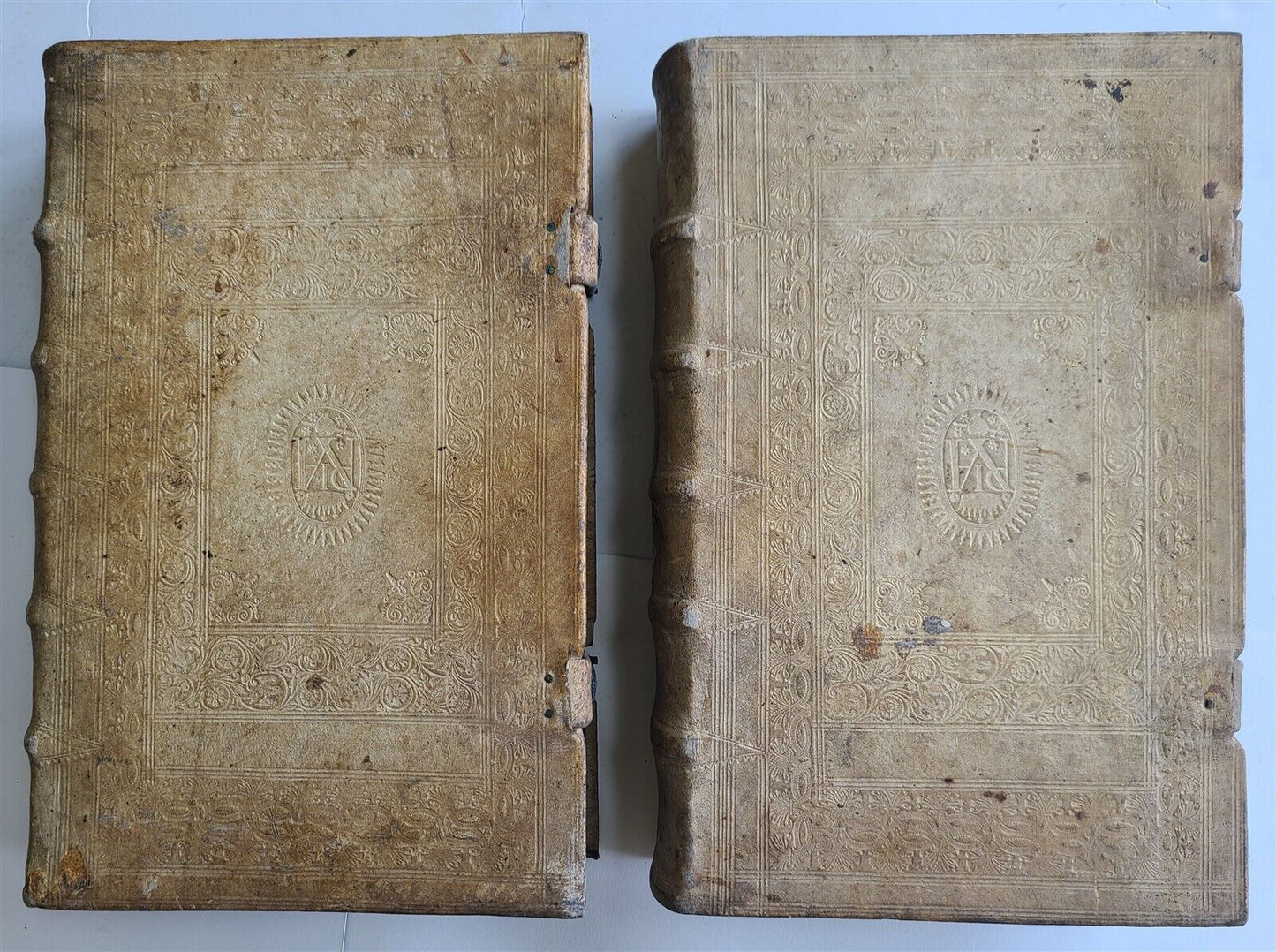 1753 - 1756 2 VOLUMES PIGSKIN BOUND FOLIOS w/ CLASPS antique SERMONS by SEEAUER