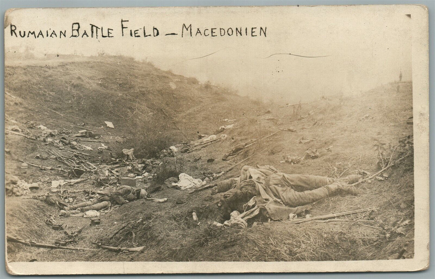 ROMANIAN BATTLE FIELD MACEDONIAN DEAD BODIES ANTIQUE REAL PHOTO POSTCARD RPPC