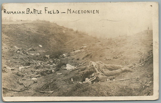 ROMANIAN BATTLE FIELD MACEDONIAN DEAD BODIES ANTIQUE REAL PHOTO POSTCARD RPPC