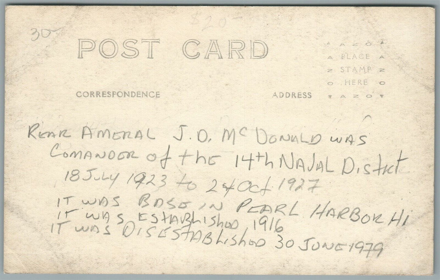 ADMIRAL D MacDONALD PEARL HARBOR NAVAL DISTRICT ANTIQUE REAL PHOTO POSTCARD RPPC