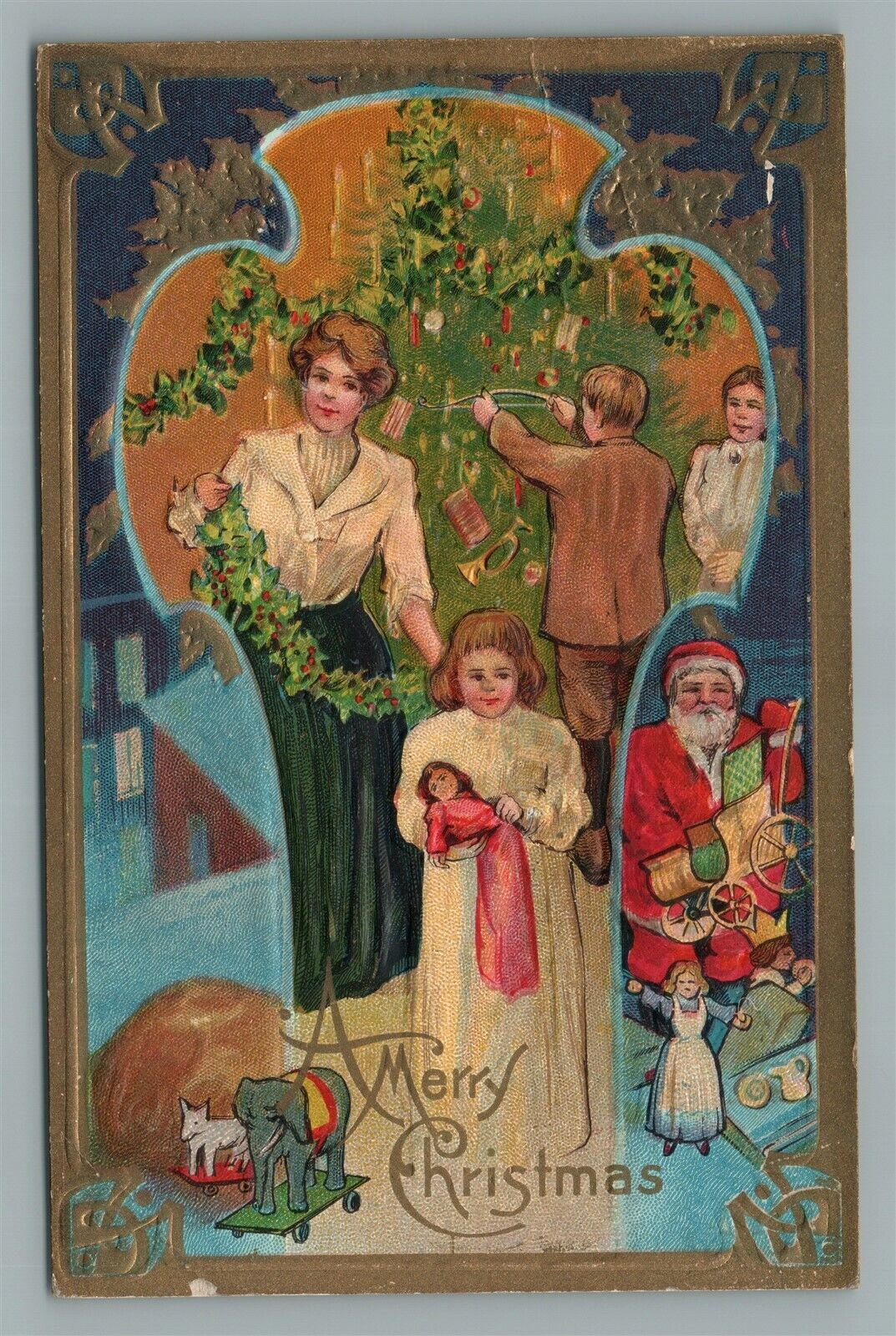 CHRISTMAS TREE DECORATING ANTIQUE POSTCARD