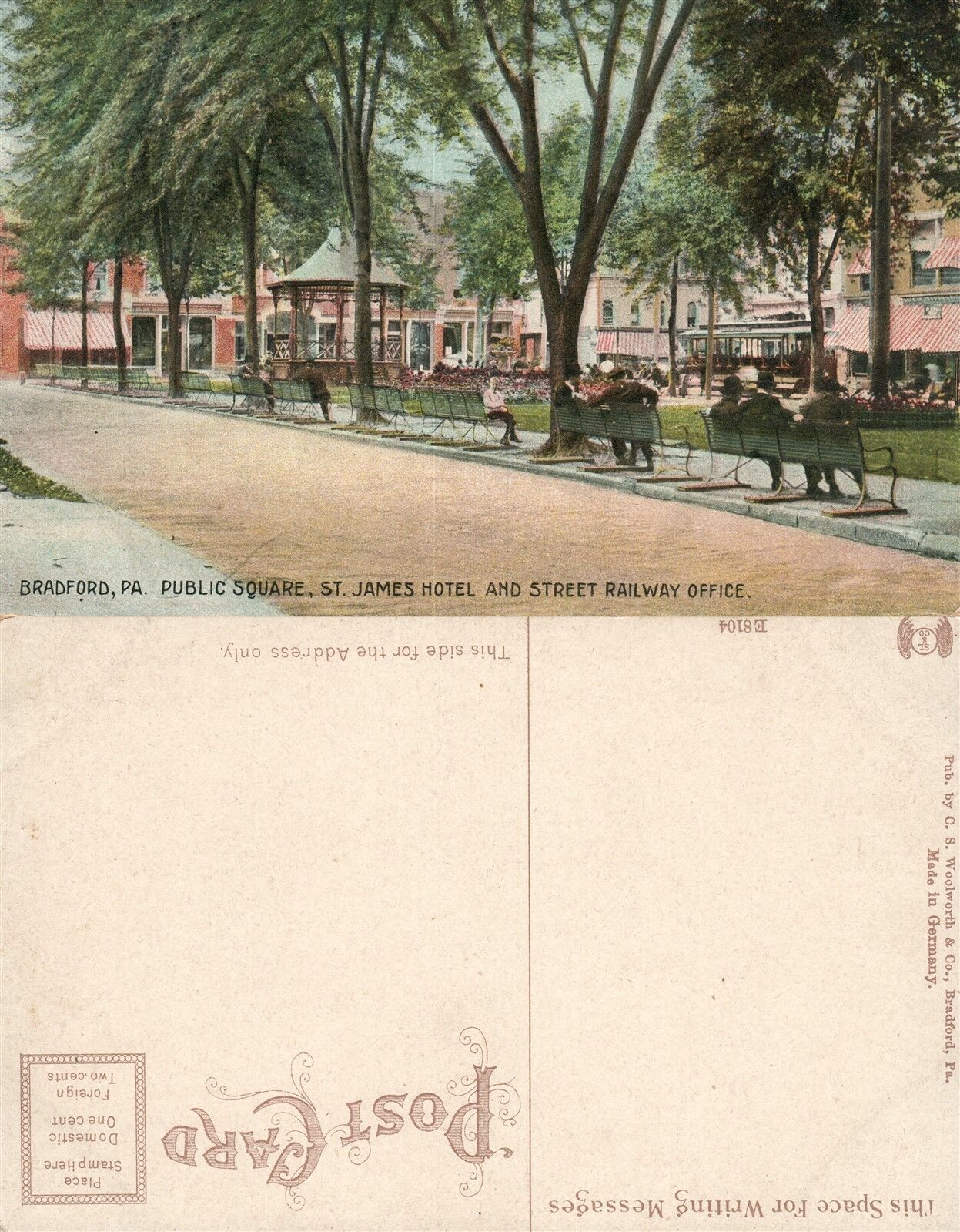 BRADFORD PA STREET RAILWAY OFFICE PUBLIC SQUARE ST.JAMES HOTEL ANTIQUE POSTCARD