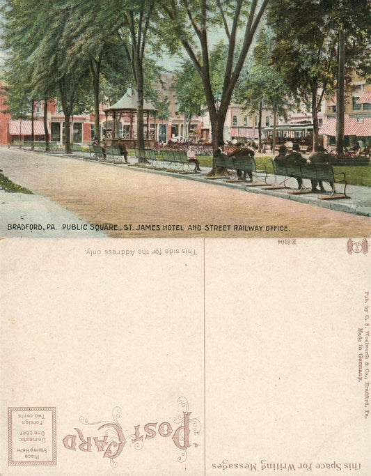 BRADFORD PA STREET RAILWAY OFFICE PUBLIC SQUARE ST.JAMES HOTEL ANTIQUE POSTCARD