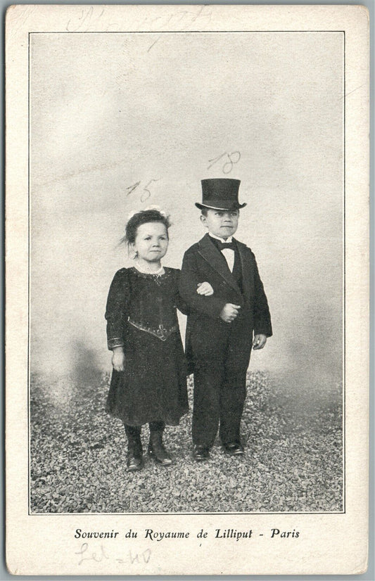 MIDGET COUPLE SOUVENIR DU ROYAUME DE LILLIPUT PARIS ANTIQUE POSTCARD