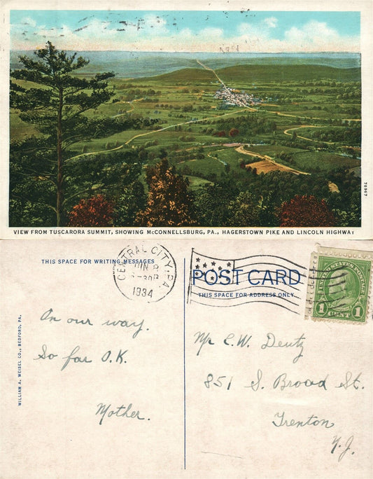 McCONNELLSBURG PA HAGERSTOWN PIKE & LINCOLN HIGHWAY 1934 VINTAGE POSTCARD