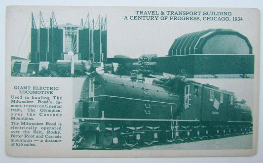 VINTAGE 1934 POSTCARD ELECTRIC LOCOMOTIVE MILWAUKEE RAILROAD CHICAGO EXHIBITION