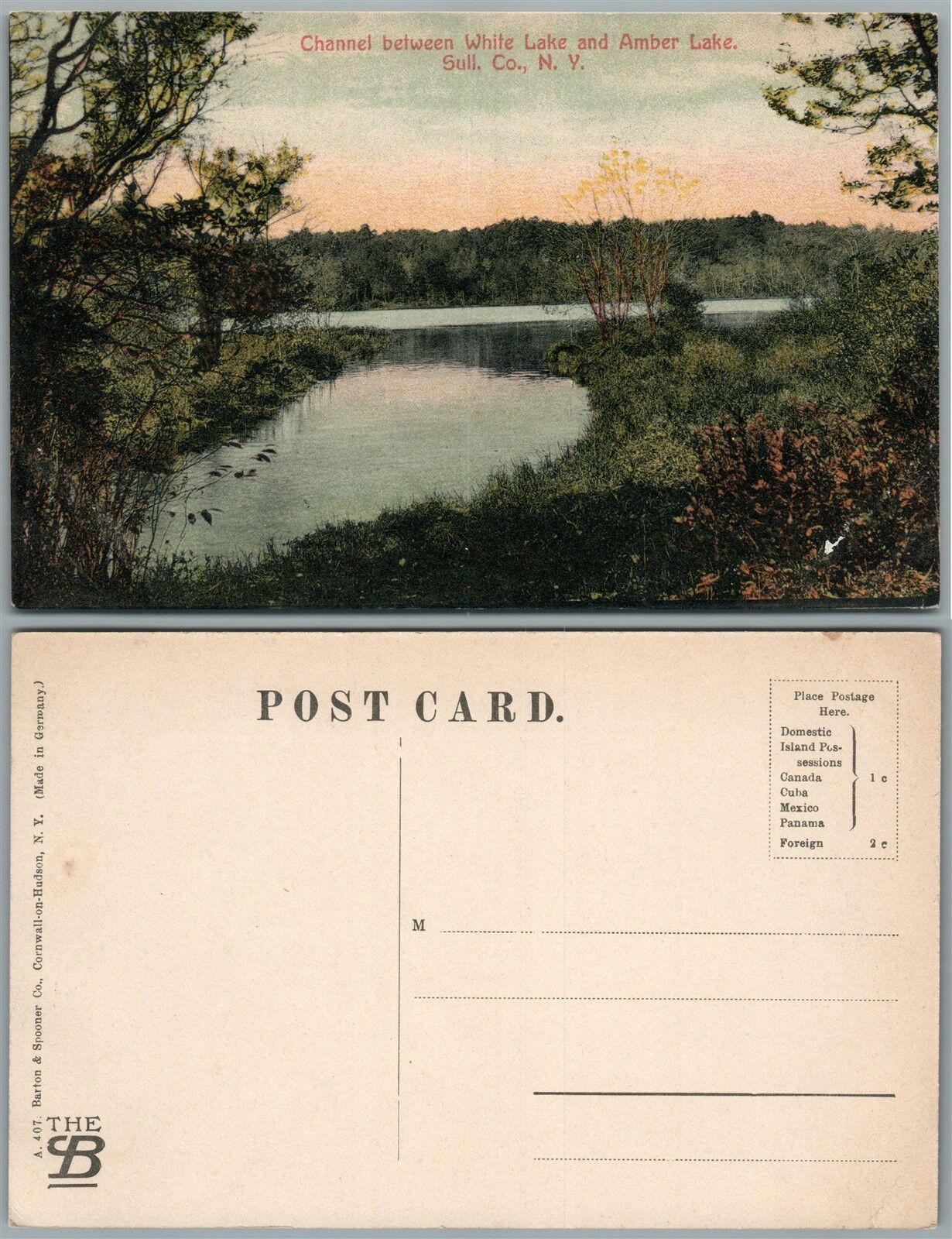CHANNEL BETWIIN WHITE LAKE & AMBER LAKE SULLIVAN COUNTY N.Y. ANTIQUE POSTCARD