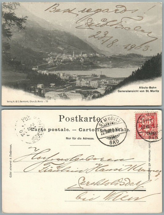 ST.MORITZ SWITZERLAND ALBULA-BAHN RAILWAY 1903 ANTIQUE POSTCARD w/ STAMP