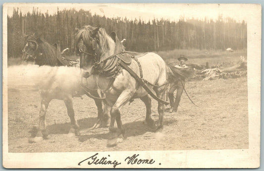 HORSES w/ MAN NO CARRIAGE 1914 ANTIQUE RPPC REAL PHOTO POSTCARD CORK CANCEL