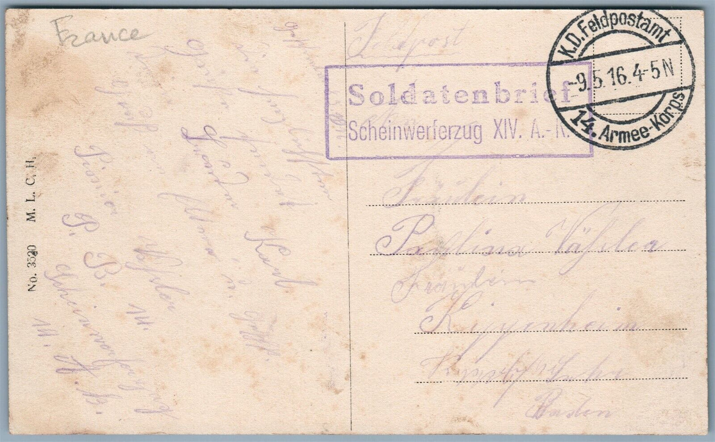 VOUZIERS AN DER AISNE FRANCE 1916 FELDPOST GERMAN ANTIQUE POSTCARD