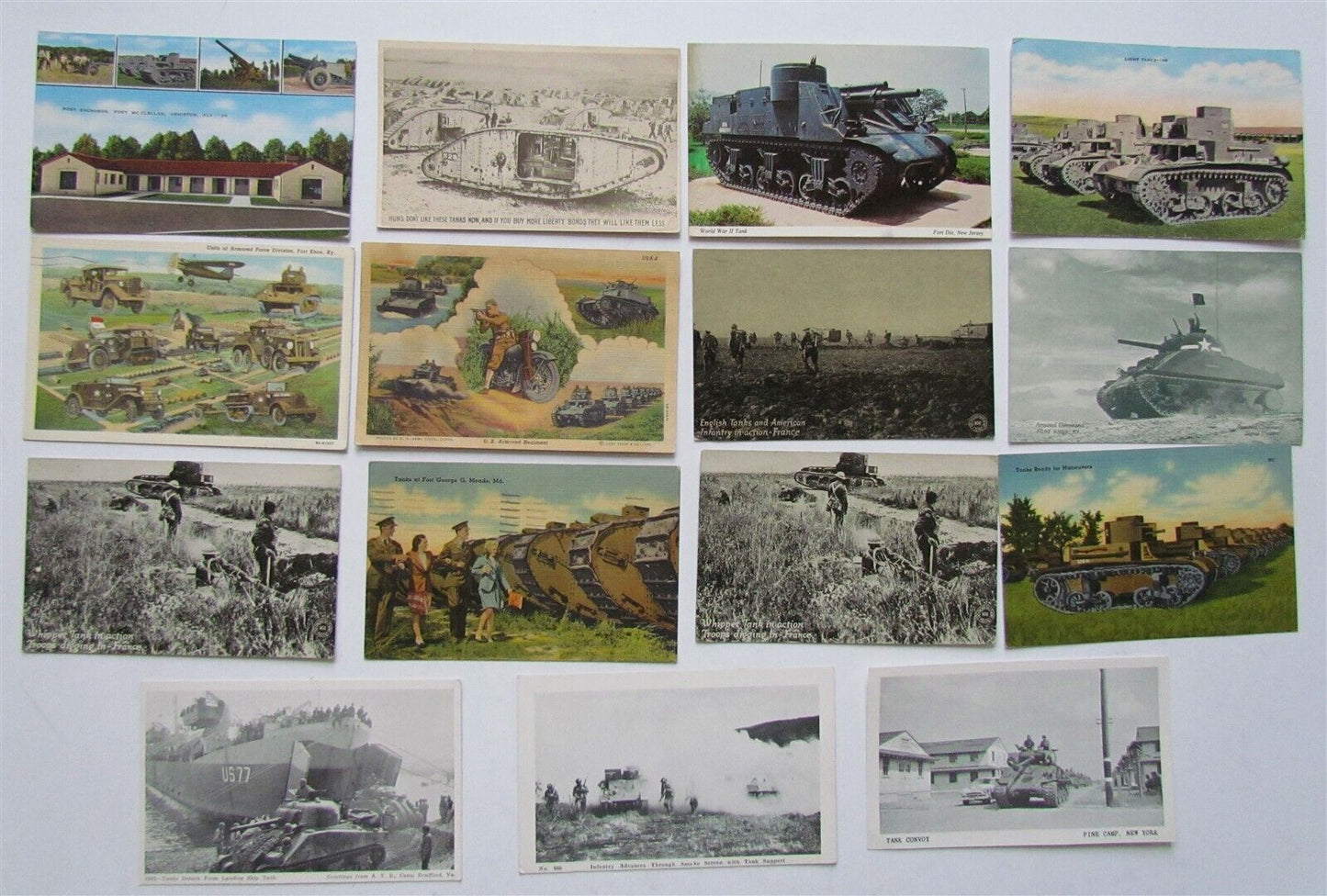 LOT of 15 VINTAGE MILITARY THEME POSTCARDS w/ TANKS