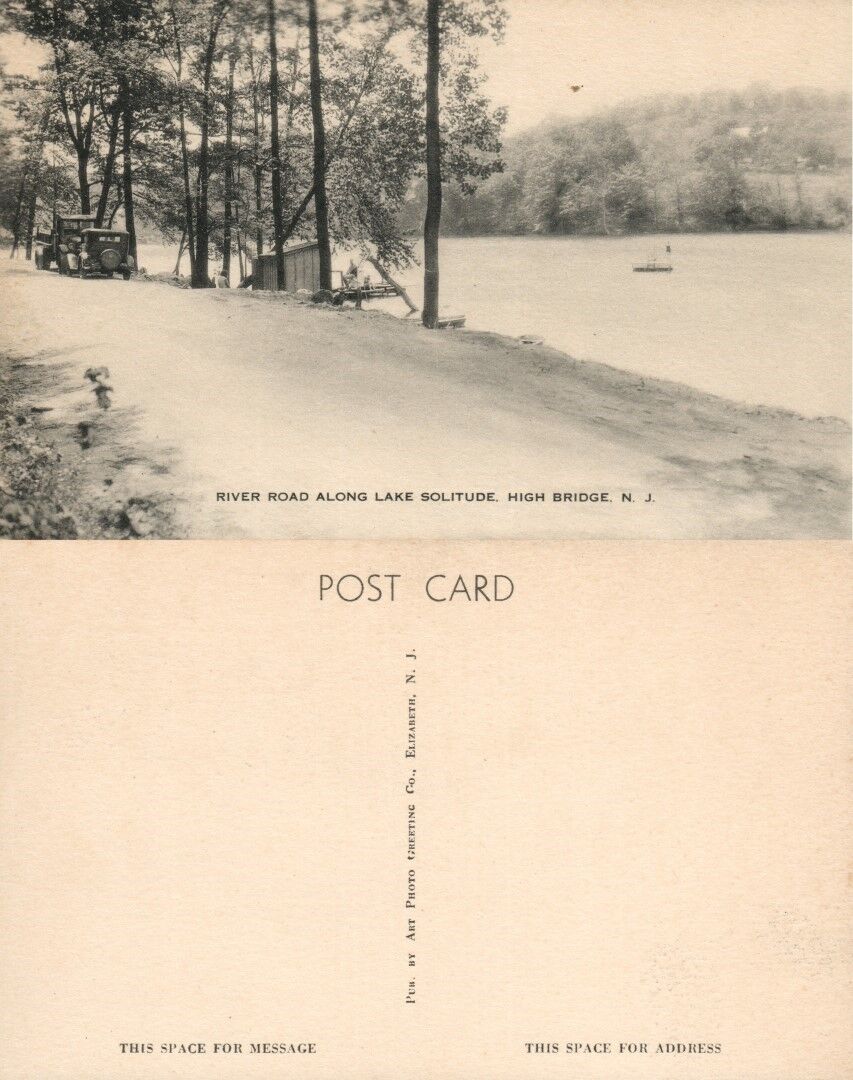 HIGH BRIDGE N.J. RIVER ROAD ALONG LAKE SOLITUDE ANTIQUE POSTCARD
