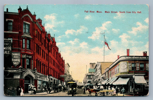 FALL RIVER MA MAIN STREET SOUTH FROM CITY HALL ANTIQUE POSTCARD