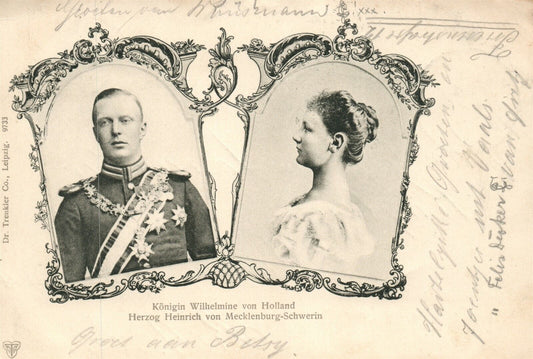 HOLLAND QUEEN WILHELMINA & DUKE HENRY 1901 ANTIQUE POSTCARD w/ STAMP