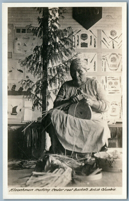 KLOOCHMAN INDIAN MAKING CEDAR ROOT BASKETS B.C. CANADA VINTAGE REAL PHOTO RPPC