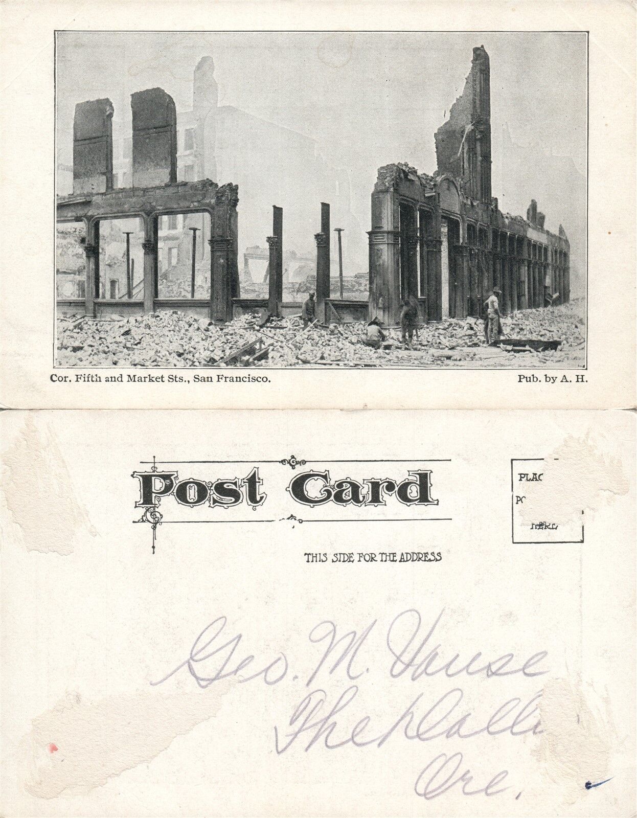 SAN FRANCISCO EARTHQUAKE 1906 FIFTH & MARKET STREET UNDIVIDED ANTIQUE POSTCARD